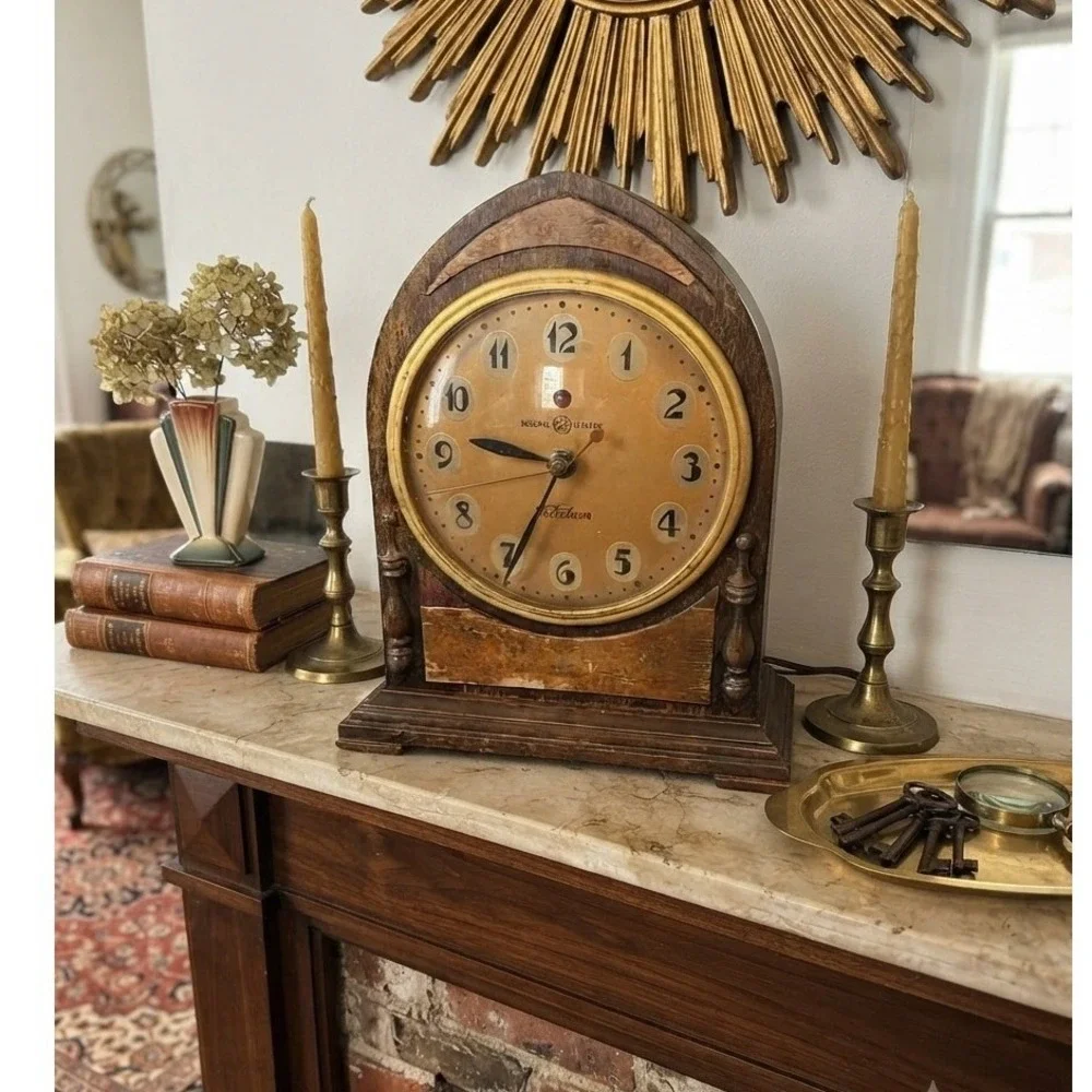1930's Vintage GE Telechron Electric Mantel Clock Wood Cathedral Case Model 531